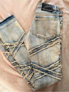 Light Blue Skinny Jeans with Distressed Fringe Trim